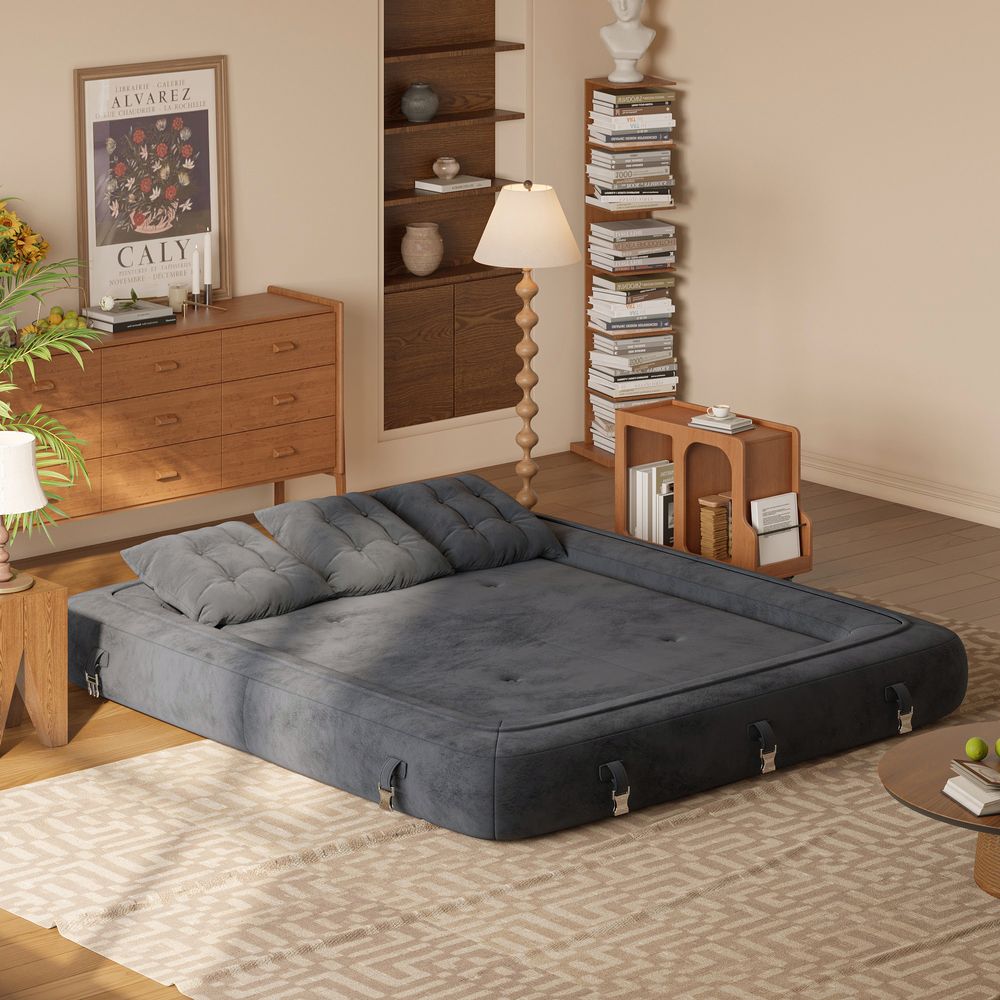 Expanded view of gray sofa bed