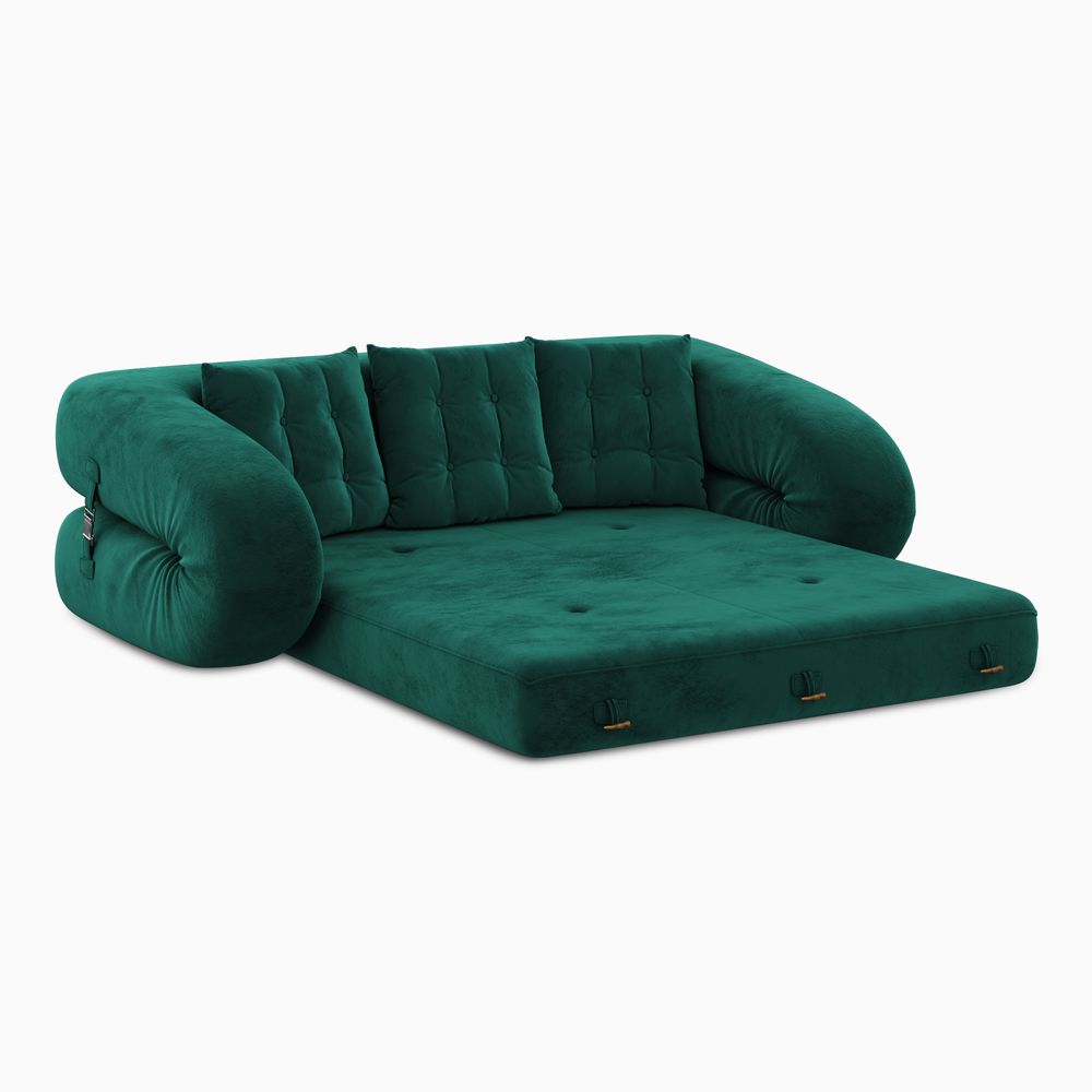 Expanded view of green velvet sofa bed