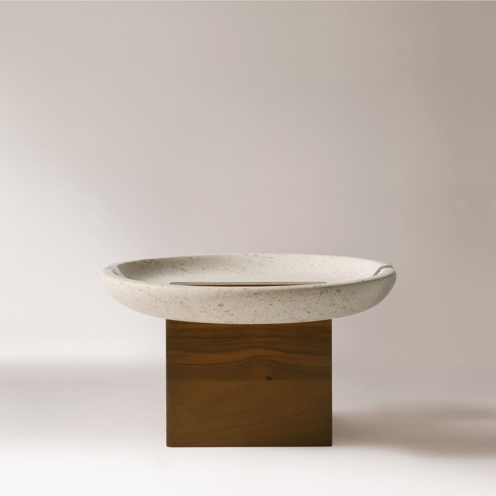 round marble and solid walnut inlaid decorative tray
