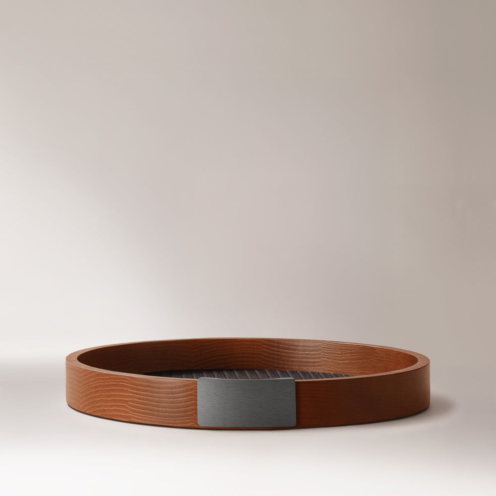 round walnut tray with metal handle
