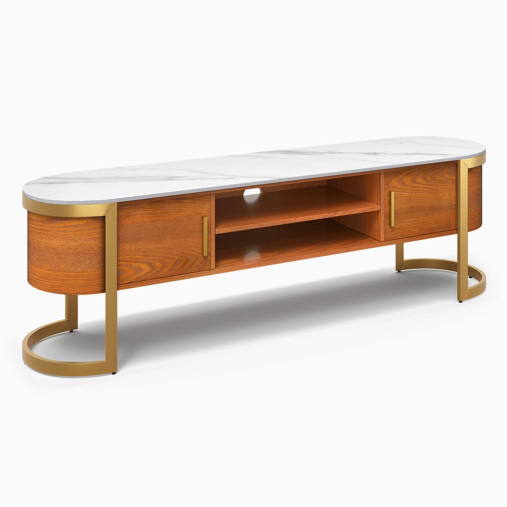 Hernest Mid Century Oval Marble Top solid Wood TV Stand with storage open