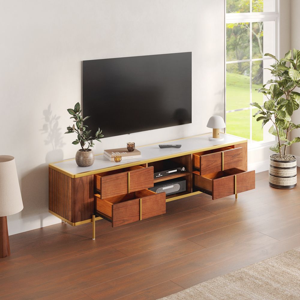 Hernest Mid century marble top walnut wood TV stand with 4 drawers storage