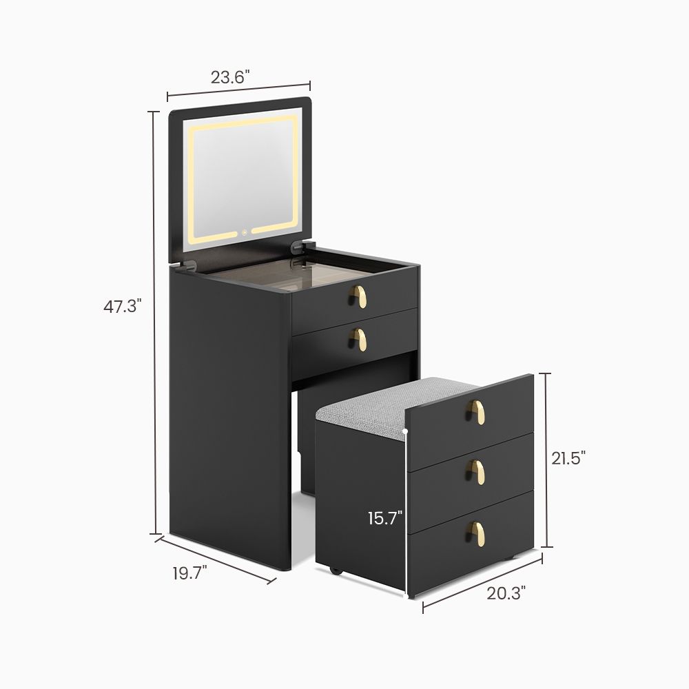 Hernest | Modern Black Mini Makeup Vanity with Mirror and Stool for Small Apartment, Dressing ...