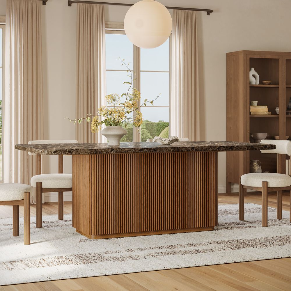 84 Inch Marble Dining Table with Fluted Wooden Base for Dining Room