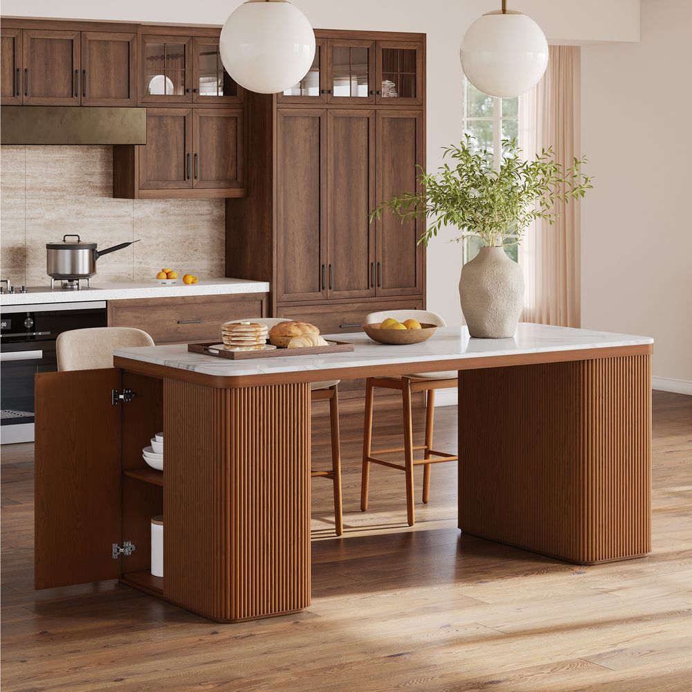 84" Brown Kitchen Island with Marble Tabletop and Drawers and Cabinet