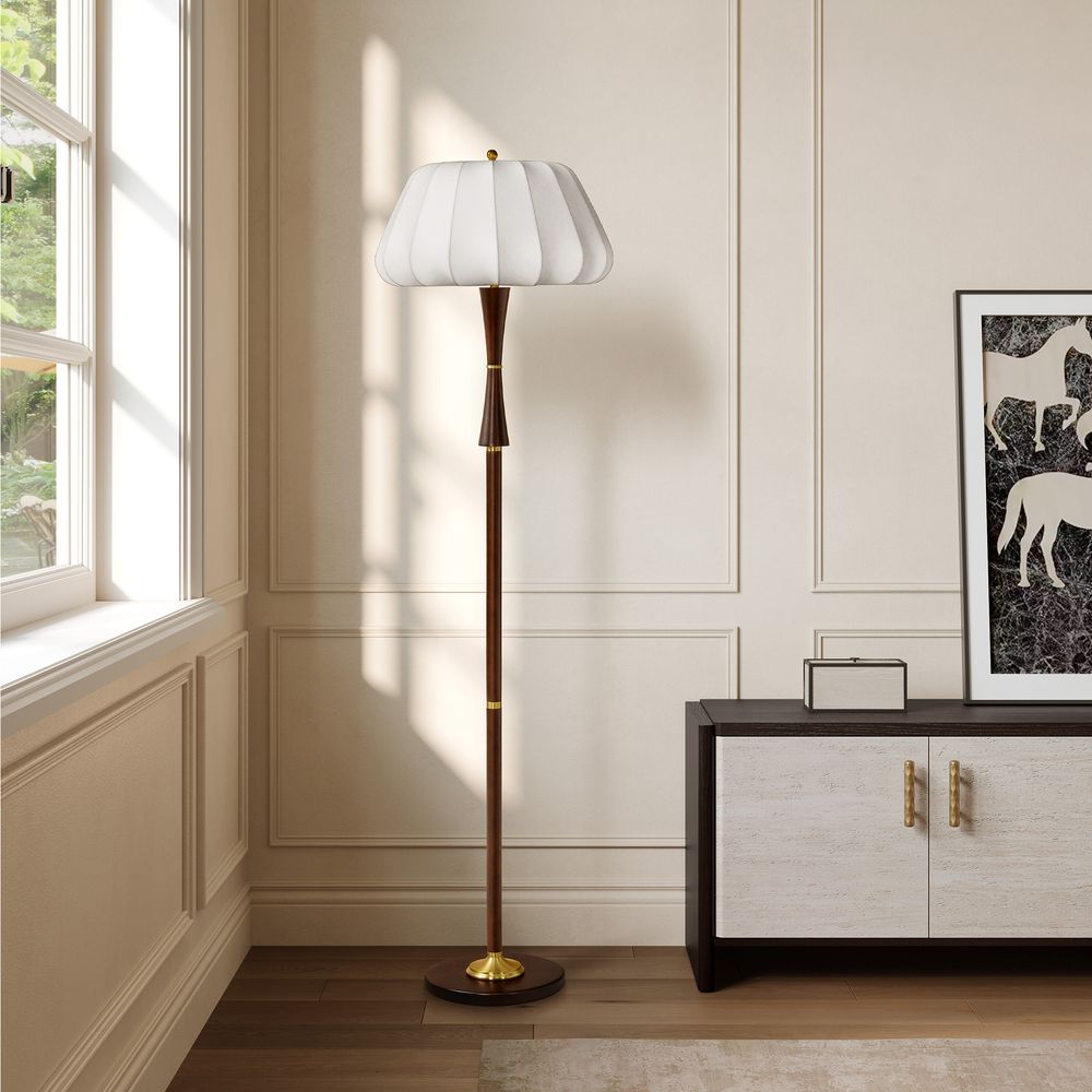 metal and wooden stem floor lamp