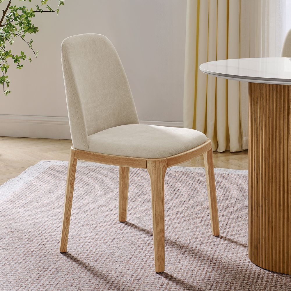Mid Century Modern Wooden Dining Chairs Set with Cotton Linen Upholstery