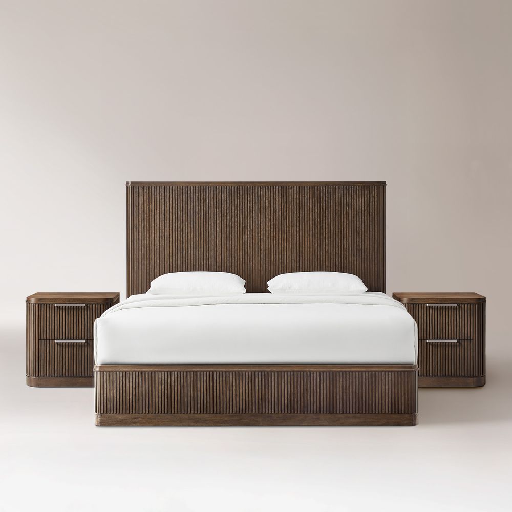 3-Piece Dark Brown Wooden Fluted Bedroom Set