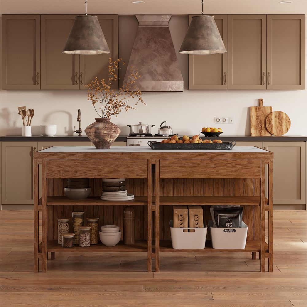 Mid Century Modern 72" Sintered Stone Kitchen Island with Storage