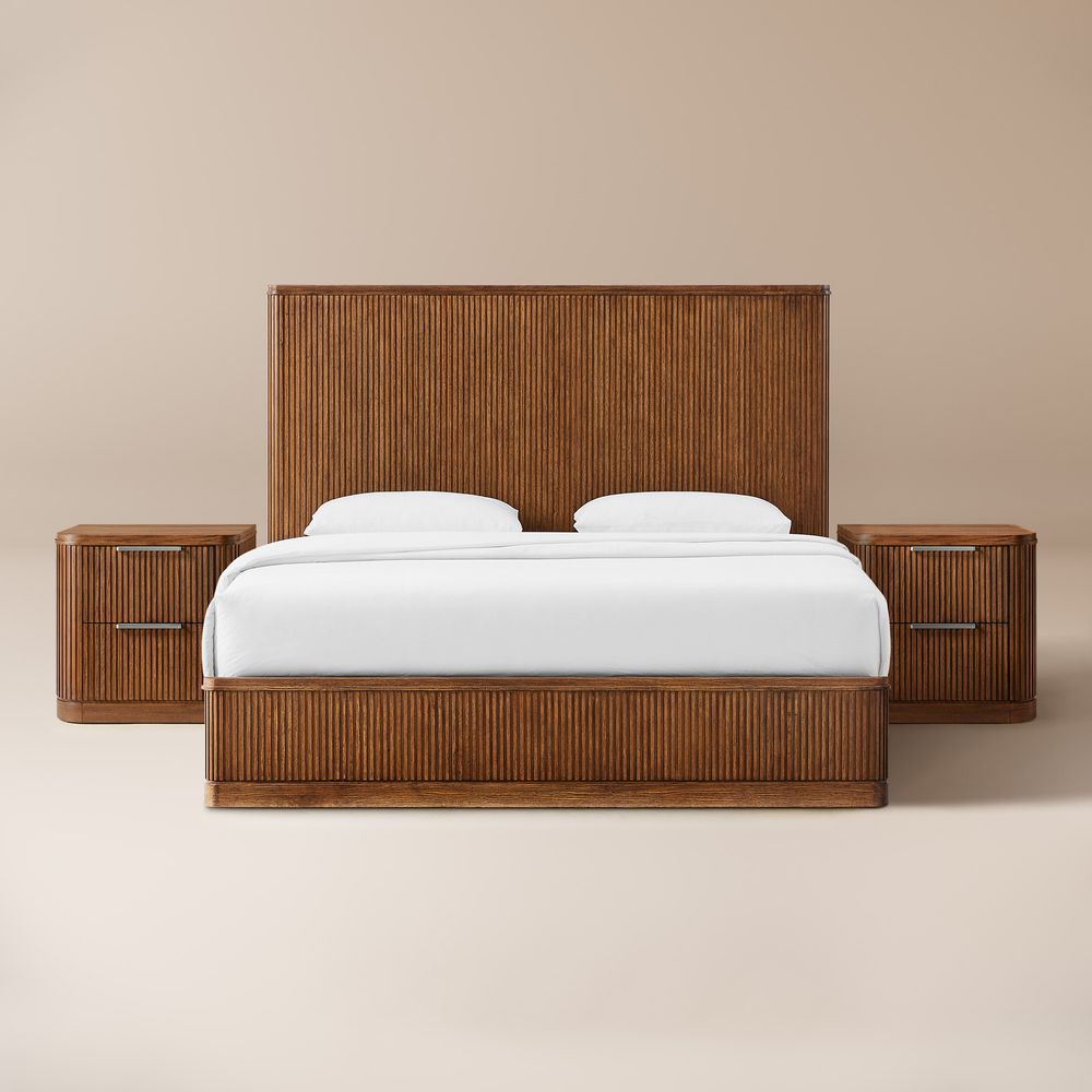 3-Piece Brown Wooden Fluted Bedroom Set