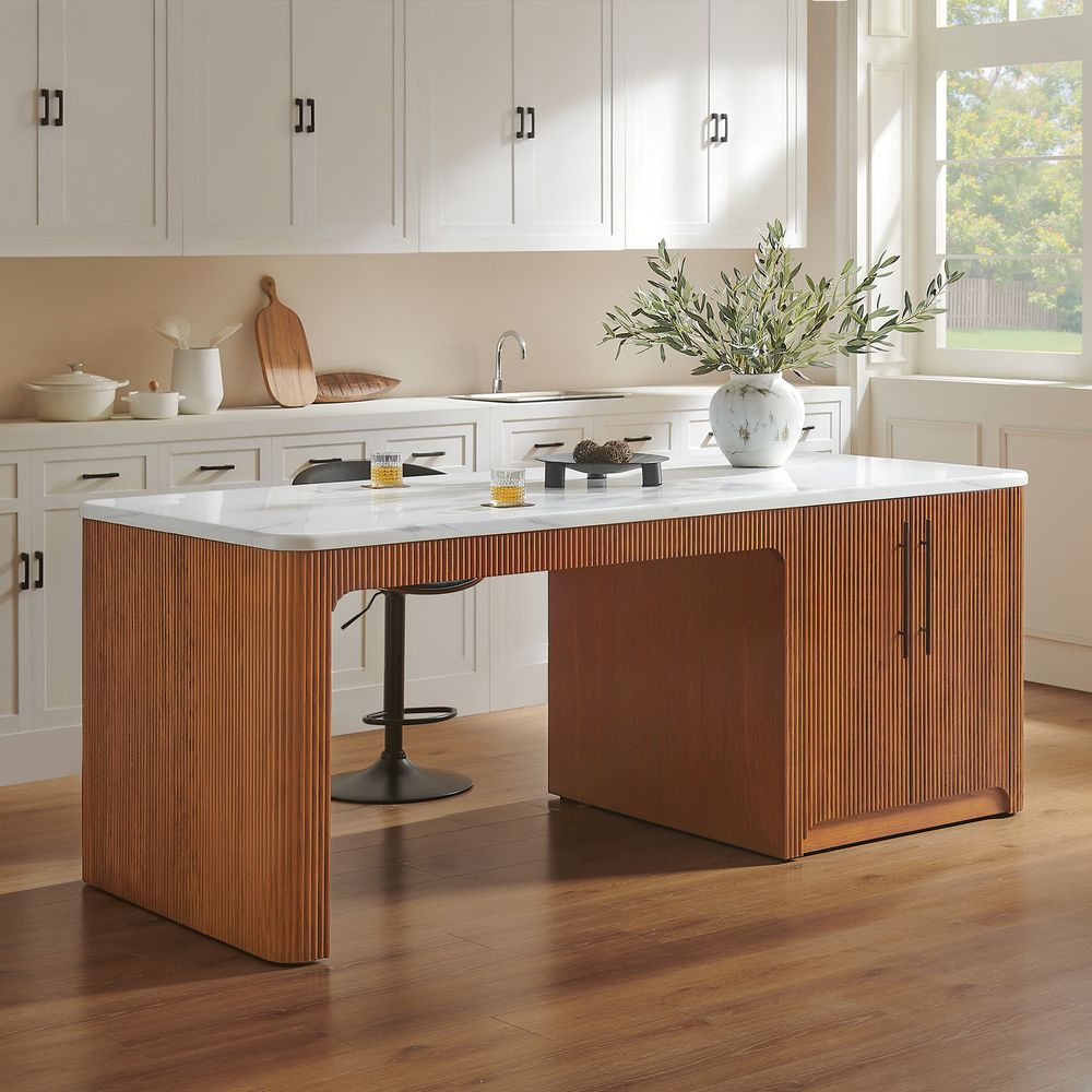 MCM 90 Inch Marble Kitchen Island with Storage