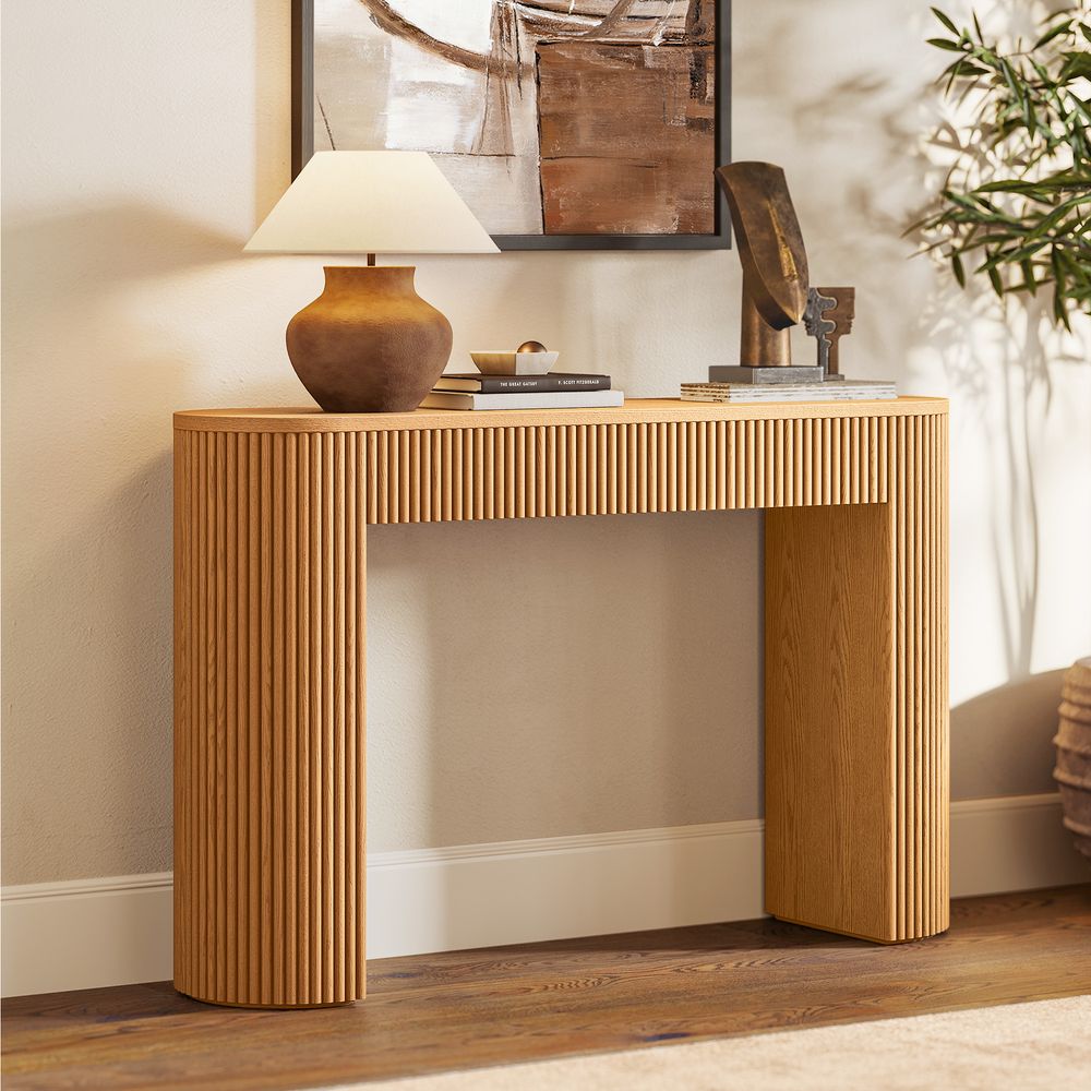 natural wood console table with drawers