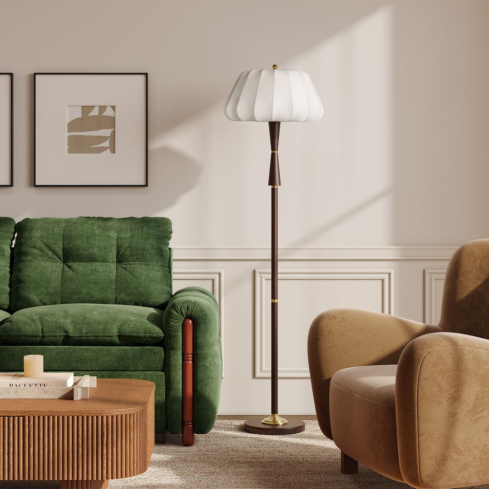 metal and wooden stem floor lamp