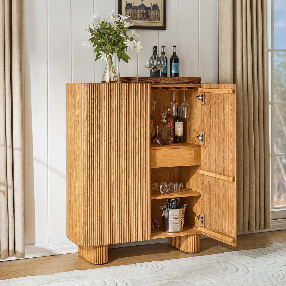 47" Natural Oak Bar Cabinet with Solid Oak Fluted Design