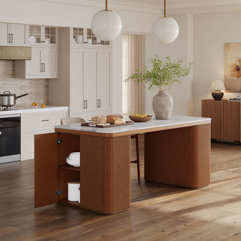 84" Brown Kitchen Island with Marble Tabletop and Drawers and Cabinet