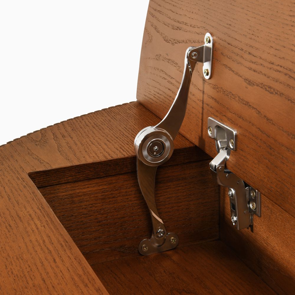 Round lift top coffee table with metal hinges