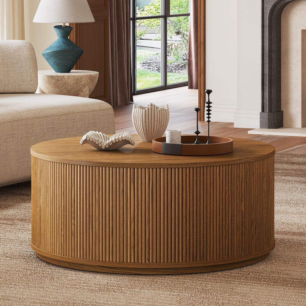 Brown Round Oak Coffee Table