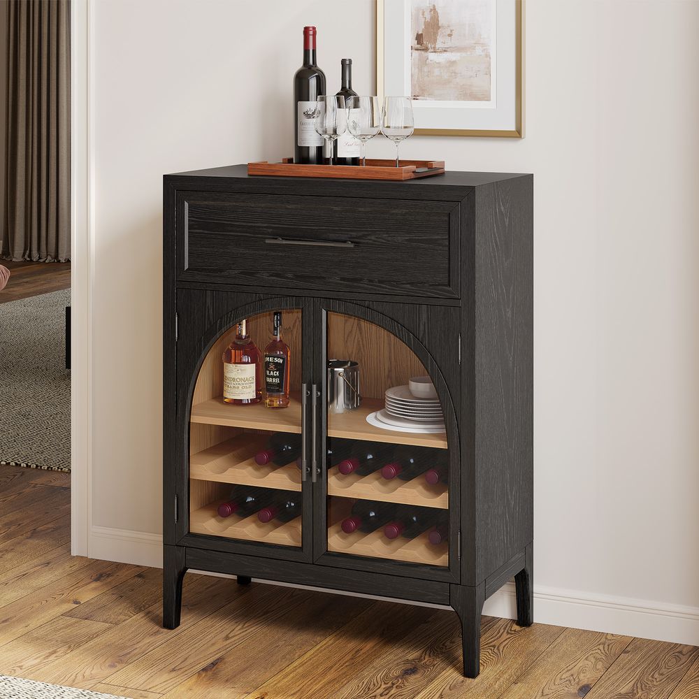 36" Black Oak Arch Glass Door Bar Cabinet for Storage
