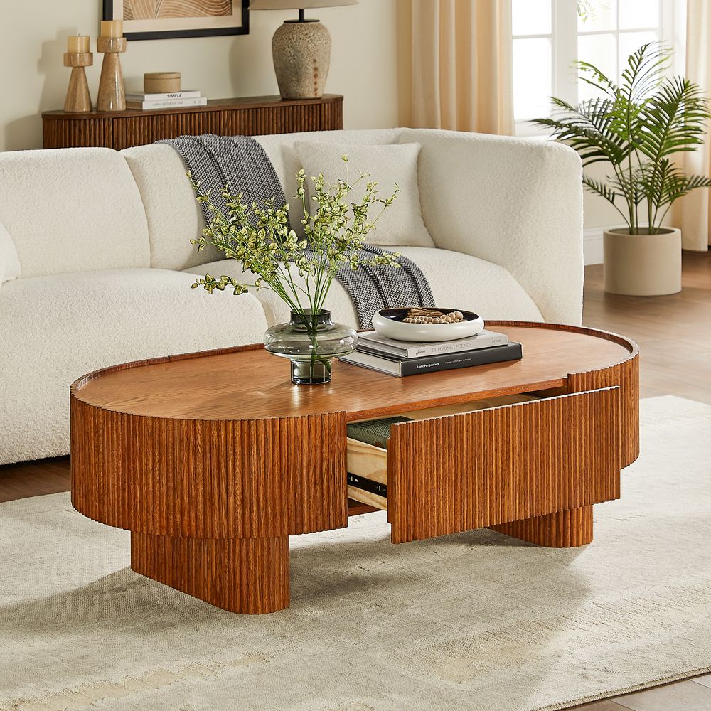 oval oak coffee table with drawers