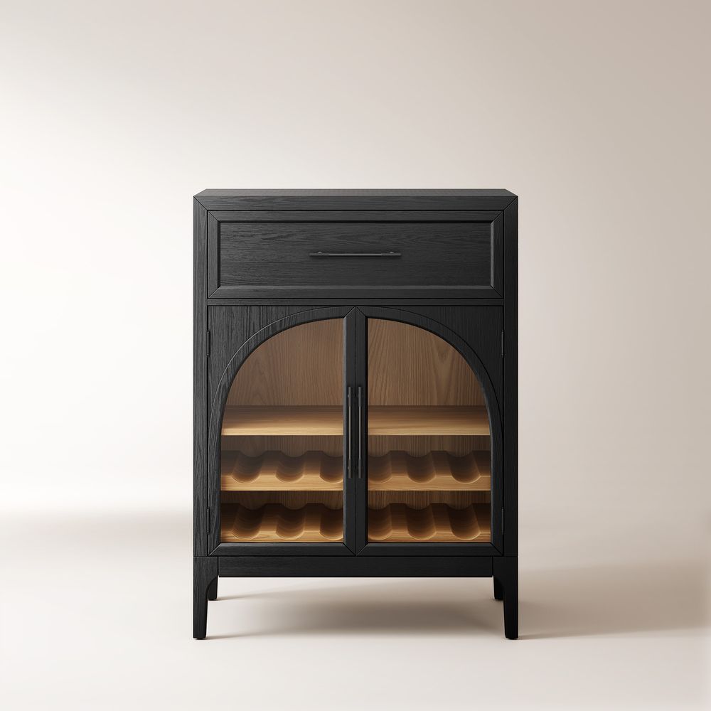 Valborg 36" Black Oak Arch Glass Door Bar Cabinet