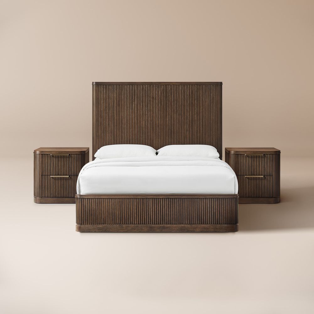 3-Piece Dark Brown Wooden Fluted Bedroom Set