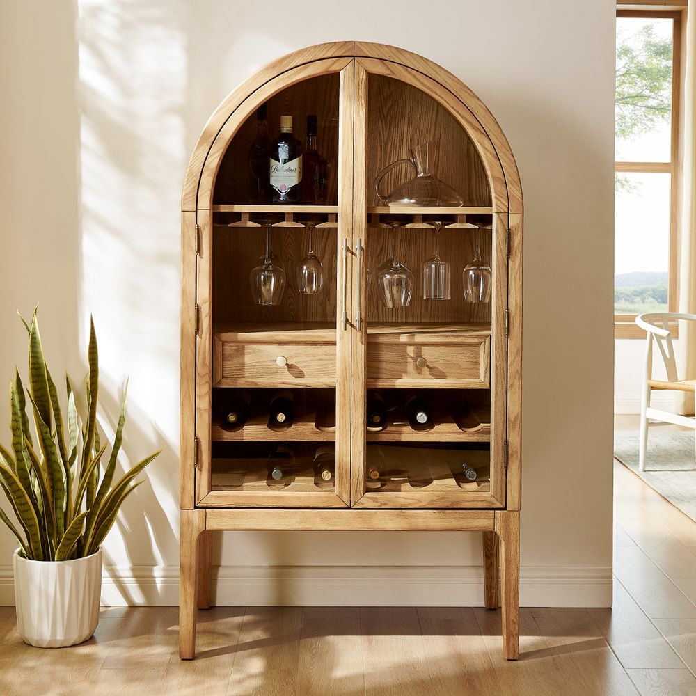 47" natural wood arched bar cabinet for home