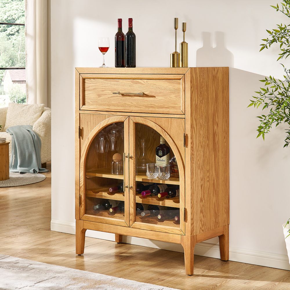 36" natural Oak Arch Glass Door Bar Cabinet for Storage