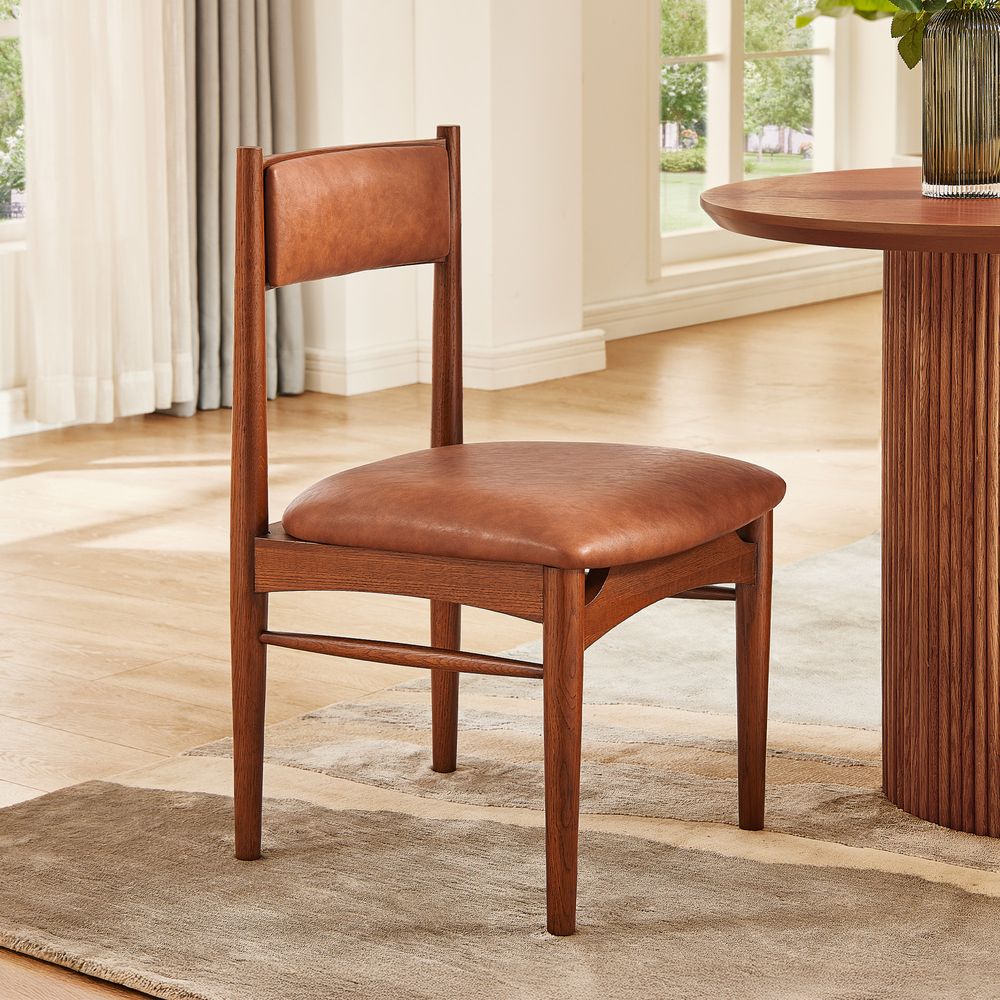 Set of 2 Solid Oak Dining Chairs with Brown PU Leather Upholstery for Dining Room