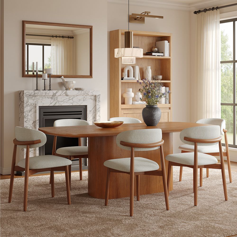 Mid Century 84" Rectangular Oak Dining Table in Warm Brown for Dining Room