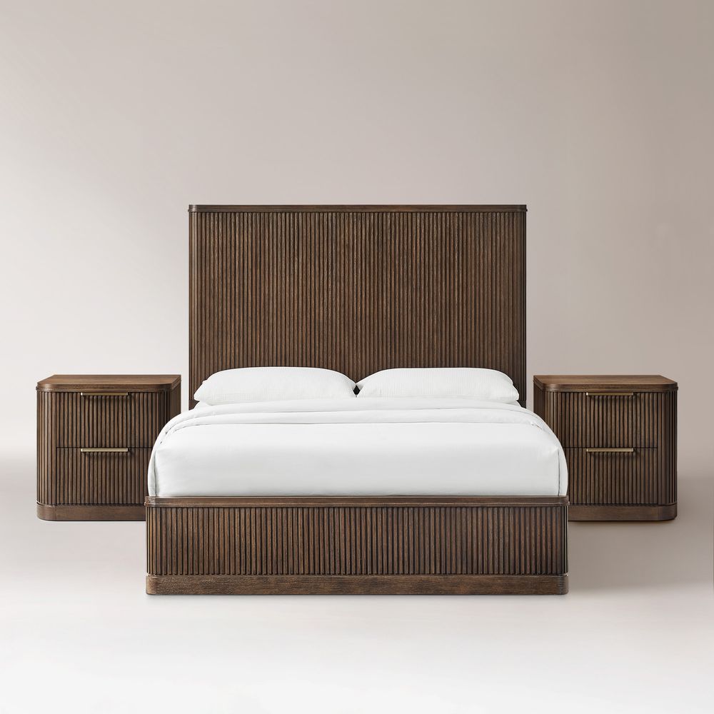 3-Piece Dark Brown Wooden Fluted Bedroom Set