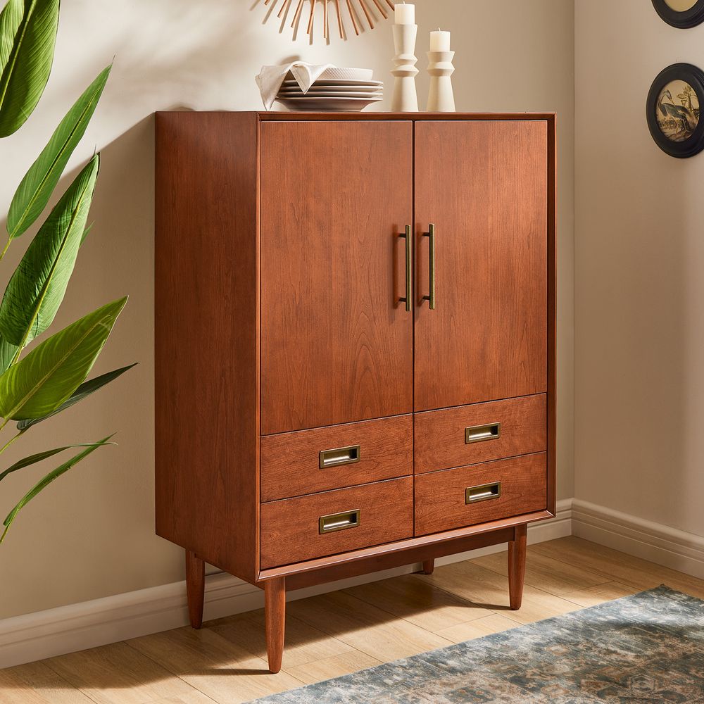 Mid Century Kaden 33" Cherry Bar Cabinet with Drawers for Kitchen