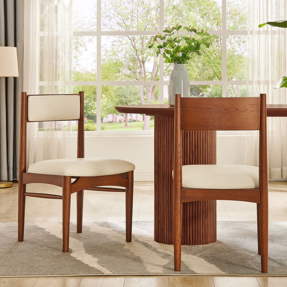Set of 2 Solid Oak Dining Chairs with Beige PU Leather Upholstery