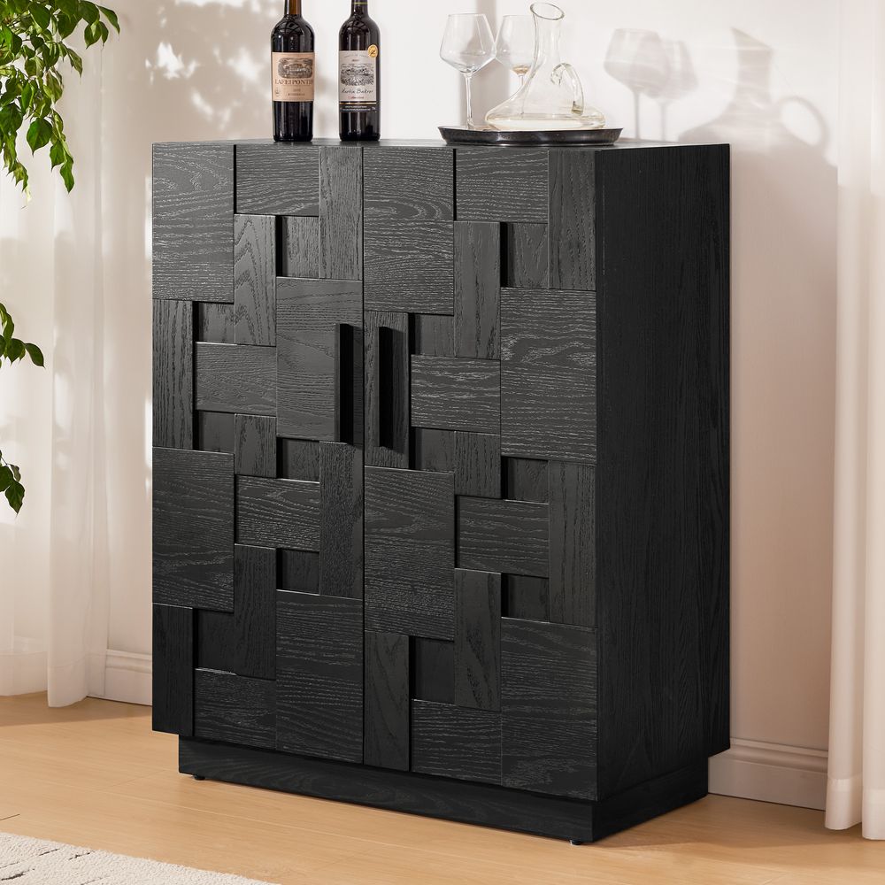 35" Black Oak Bar Cabinet with Geometric Patterned Door