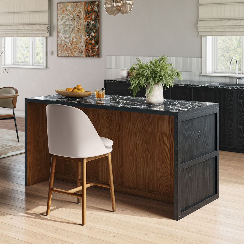 Mid-century Modern 72" Black Marble Kitchen Island with Arched Glass Door and Drawers for Kitchen
