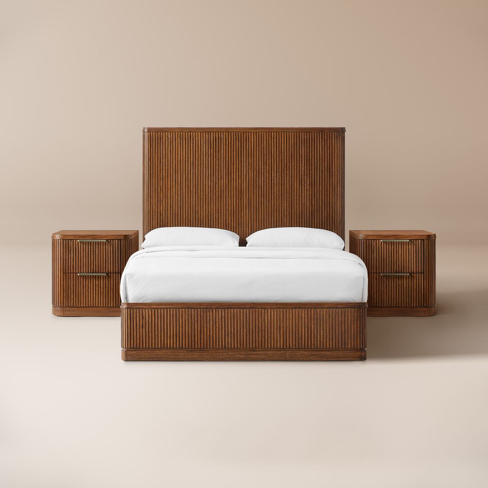 3-Piece Brown Wooden Fluted Bedroom Set