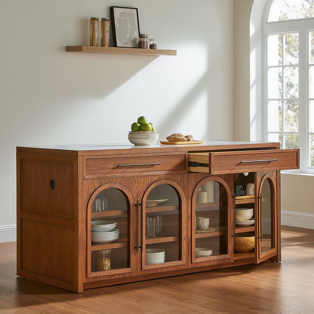 Mid-century Modern 72" White Engineered Kitchen Island with Arched Glass Door and Drawers