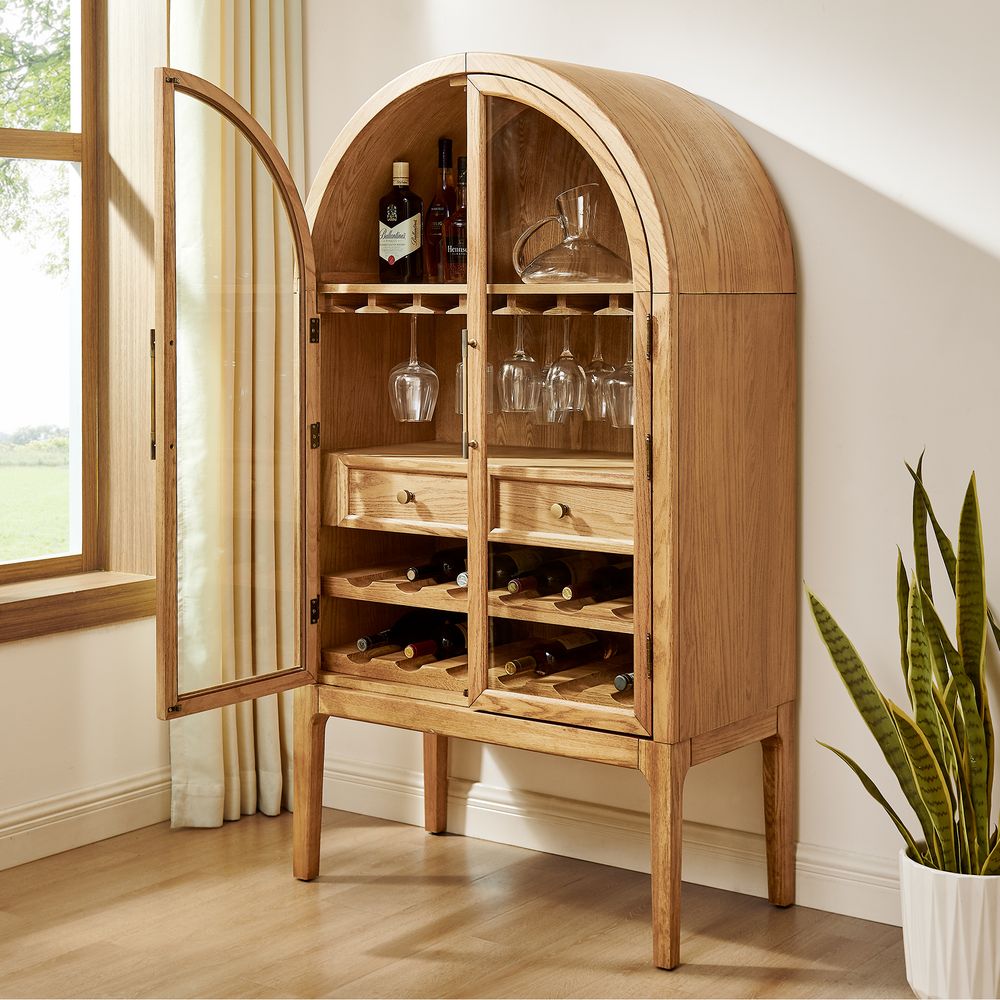 36" natural arched bar cabinet for home