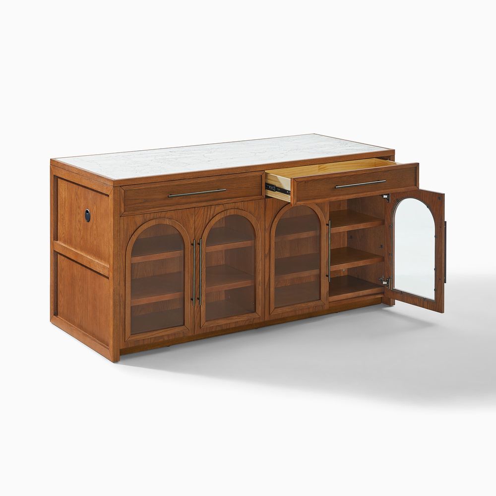 72" Kitchen Island with Engineered stone Countertop and Arched Glass Door