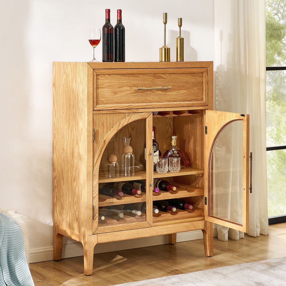 36" natural Oak Arch Glass Door Bar Cabinet for Dining room