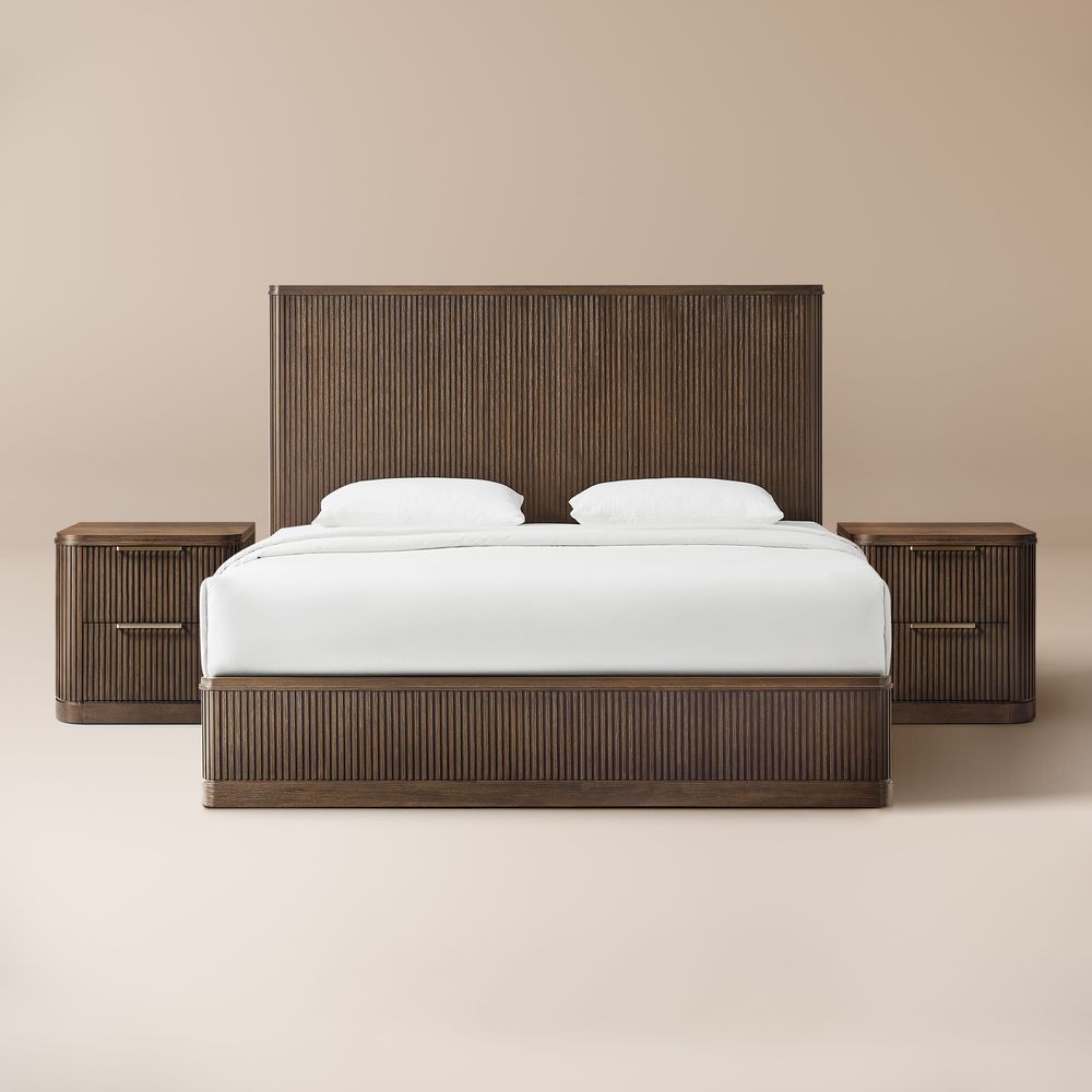 3-Piece Dark Brown Wooden Fluted Bedroom Set