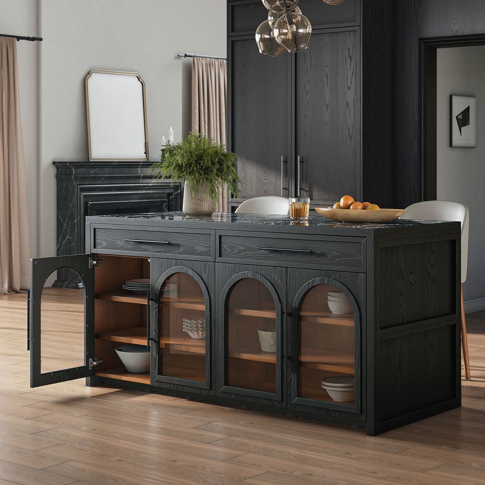 Mid-century Modern 72" Black Marble Kitchen Island with Arched Glass Door and Drawers