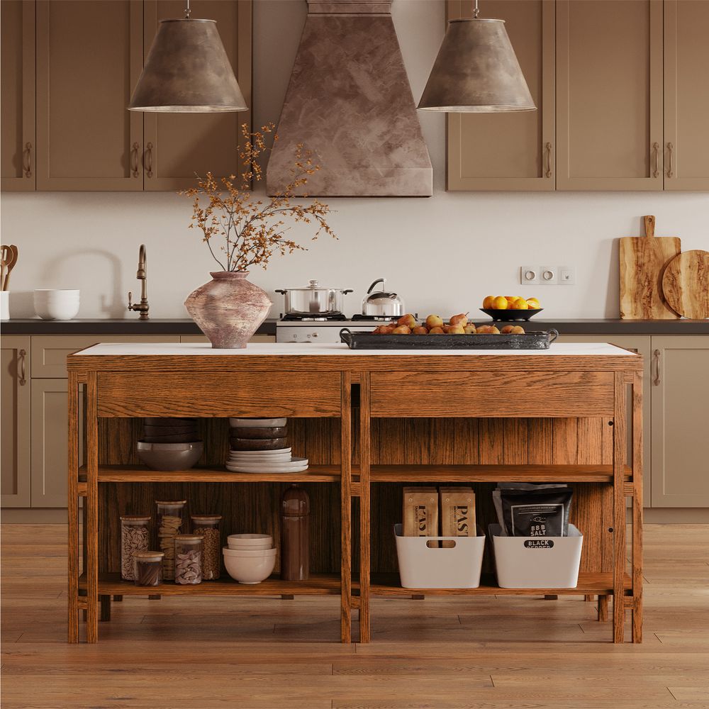 Mid Century Modern 72" Sintered Stone Kitchen Island with Storage