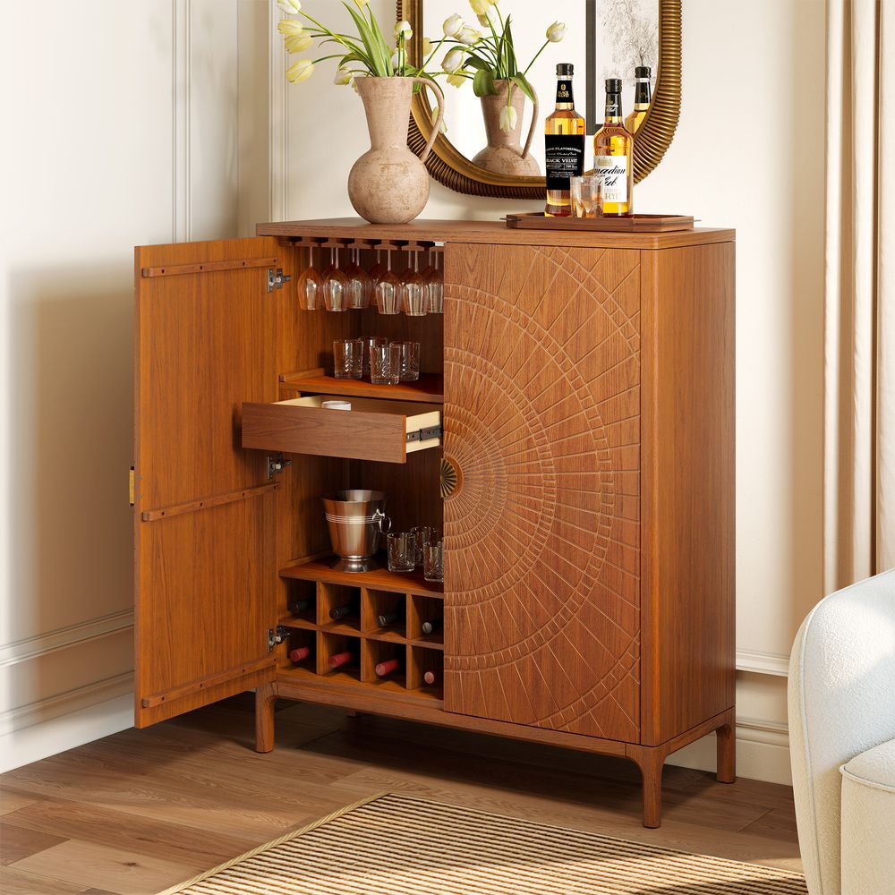 47" Mid Century Solid Oak Bar Storage Cabinet for Home