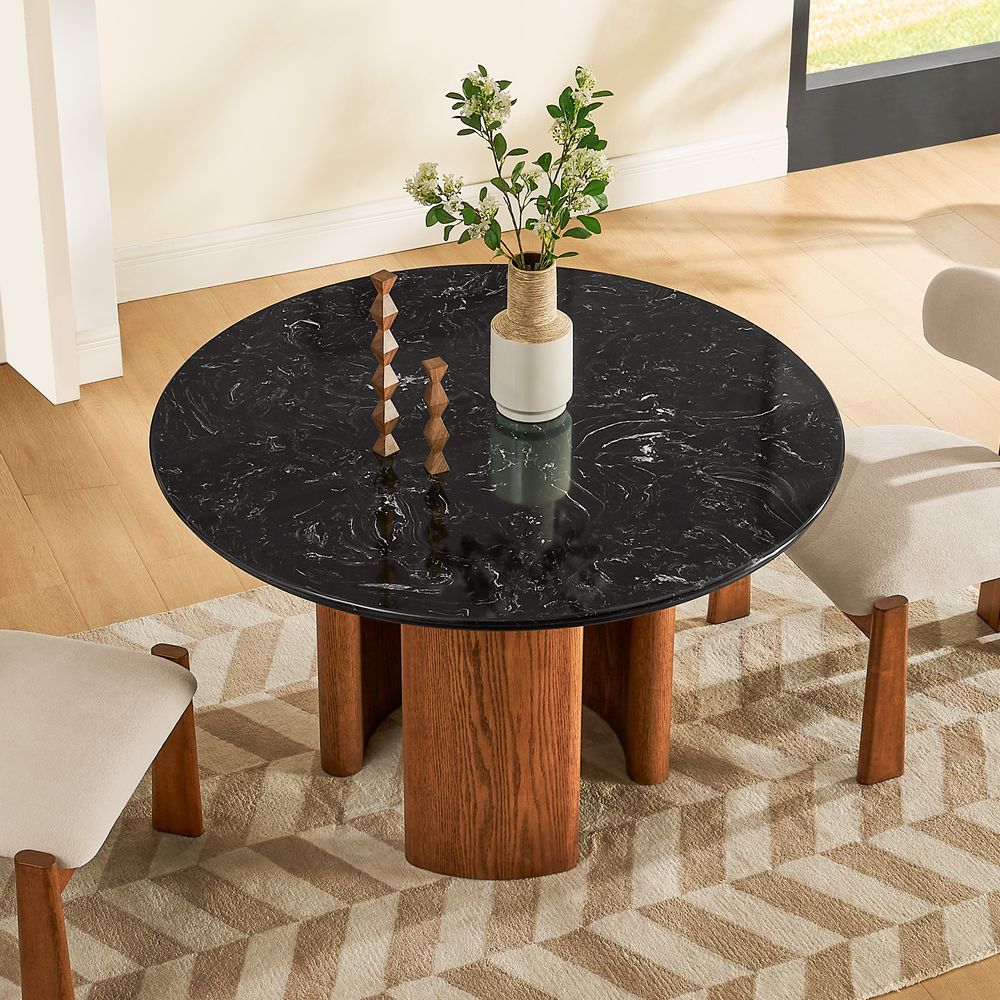 48 Inch Round Black Stone Dining Table with Solid Oak Base for Dining Room