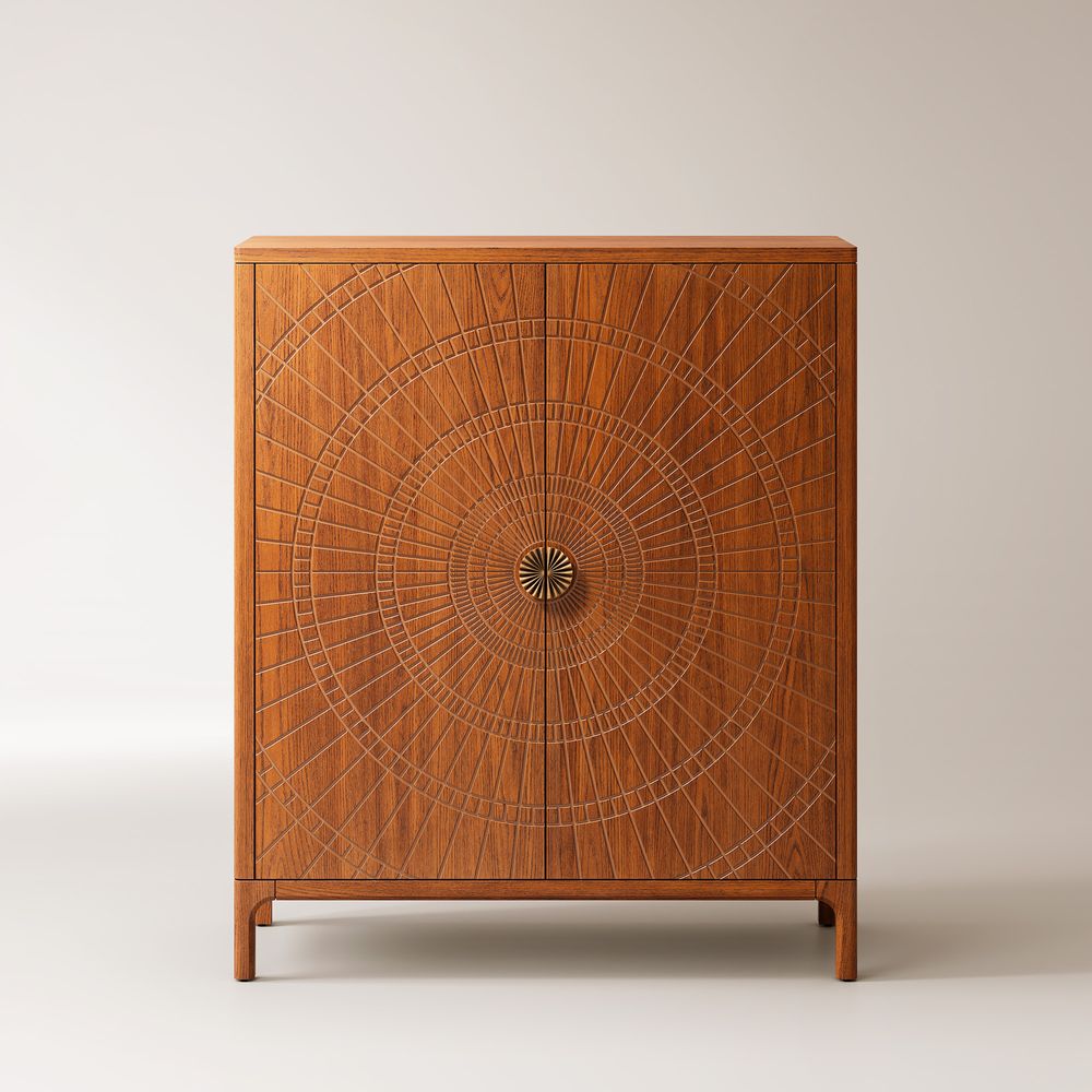 47" Mid Century Brown Solid Oak Home Bar Storage Cabinet