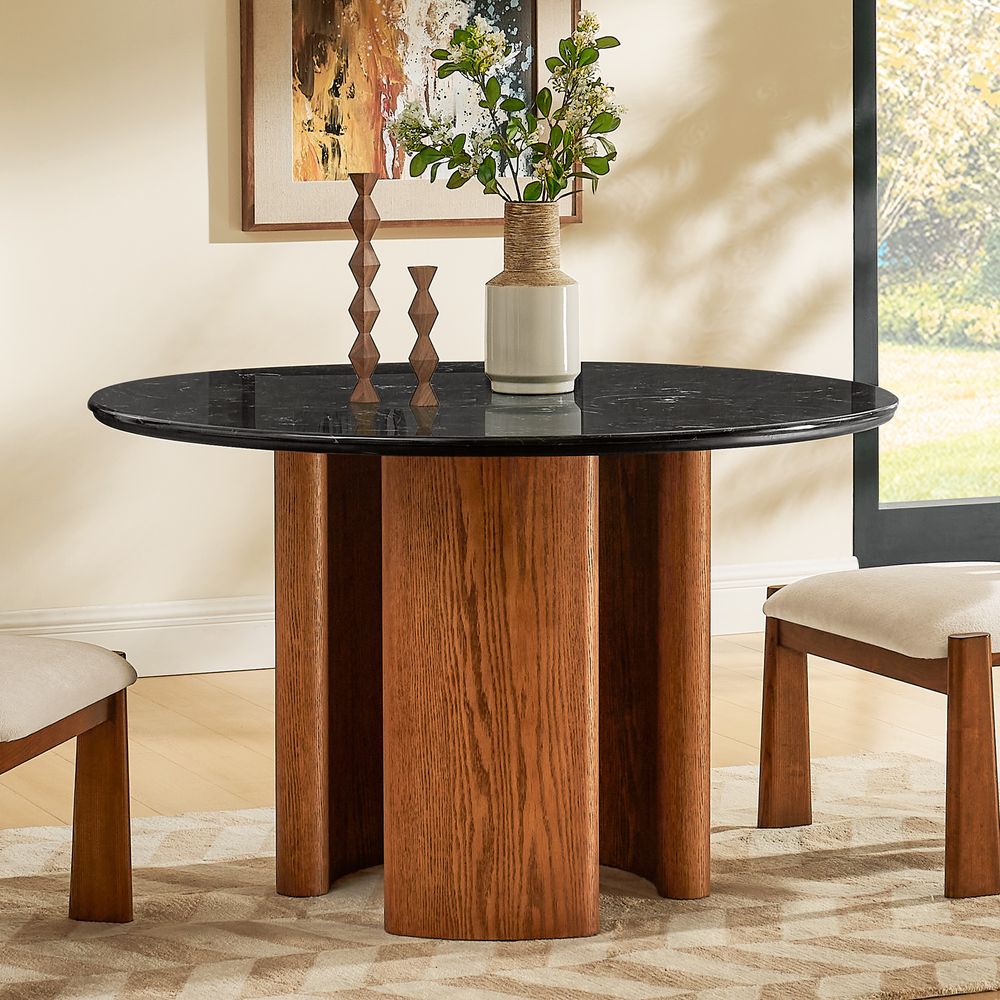 48 Inch Round Black Stone Dining Table with Solid Oak Base
