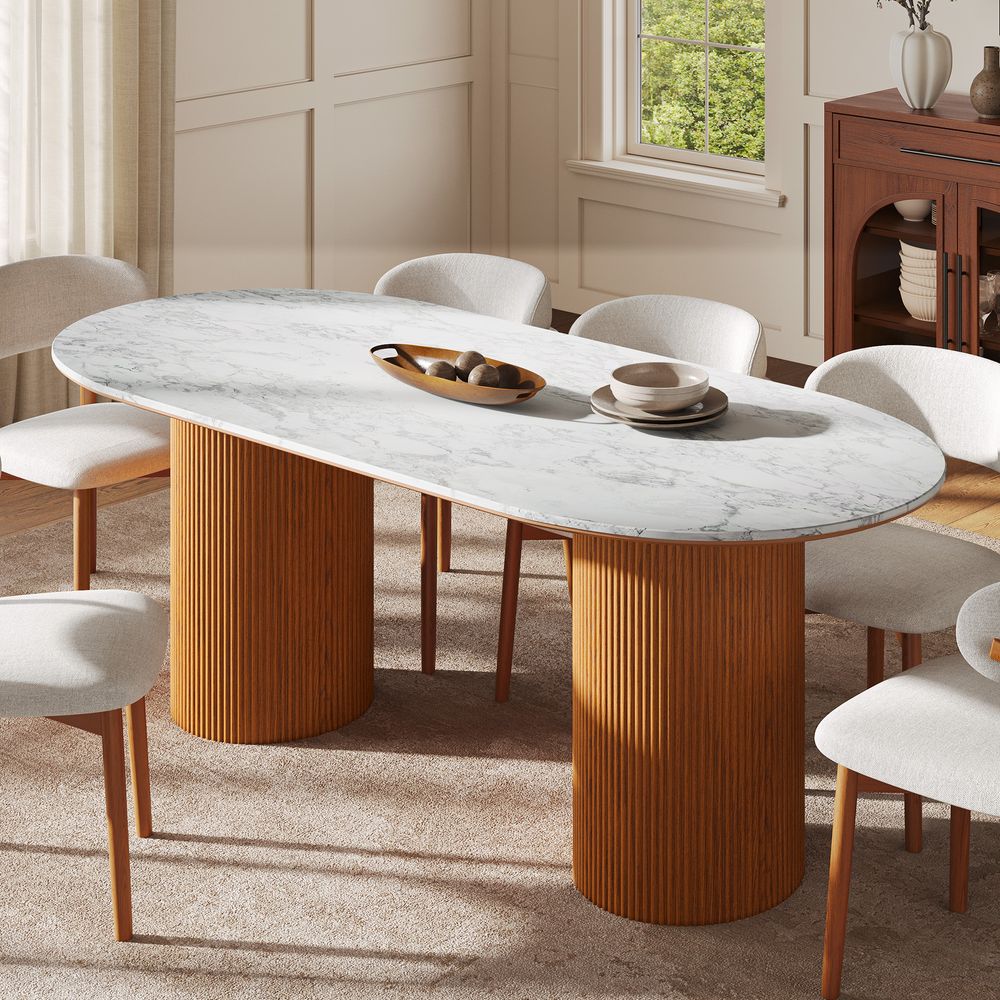 84" Modern Brown Oval Stone Dining Table