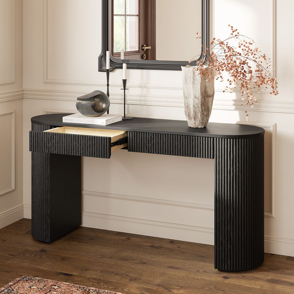 black oak console table with drawers
