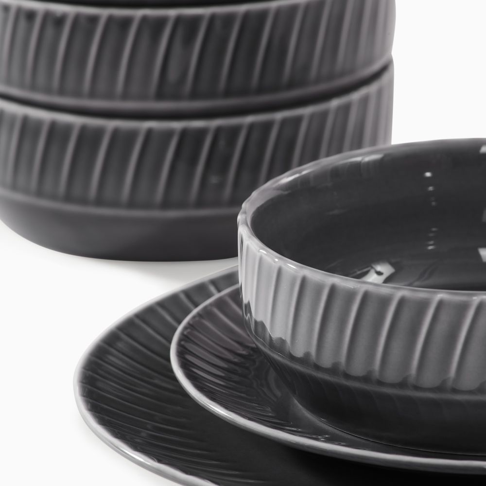 textured gray ceramic dinnerware set