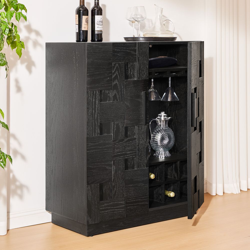 Modern Casimir 35 inch  Black Oak Bar Cabinet with Geometric Patterned Door and Wine Glass Racks